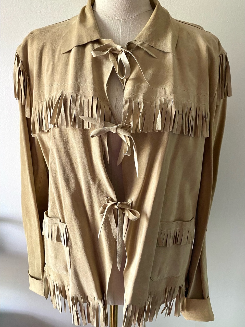 True Grit Fringe Leather Western Native Jacket Leather Tie Closure Women's XL - Picture 3 of 16